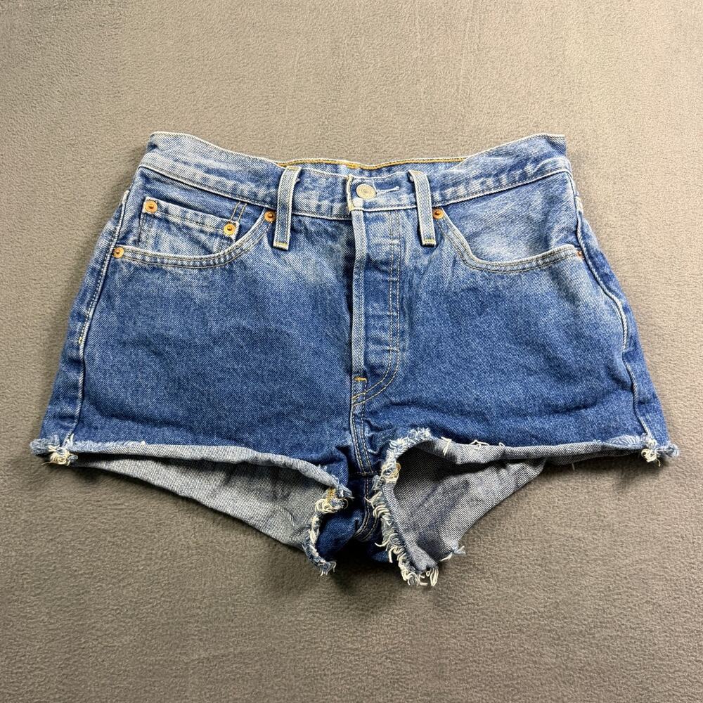 Levis 501 Original Denim Shorts 27 Womens Medium Wash High Rise Cutoff Raw Hem